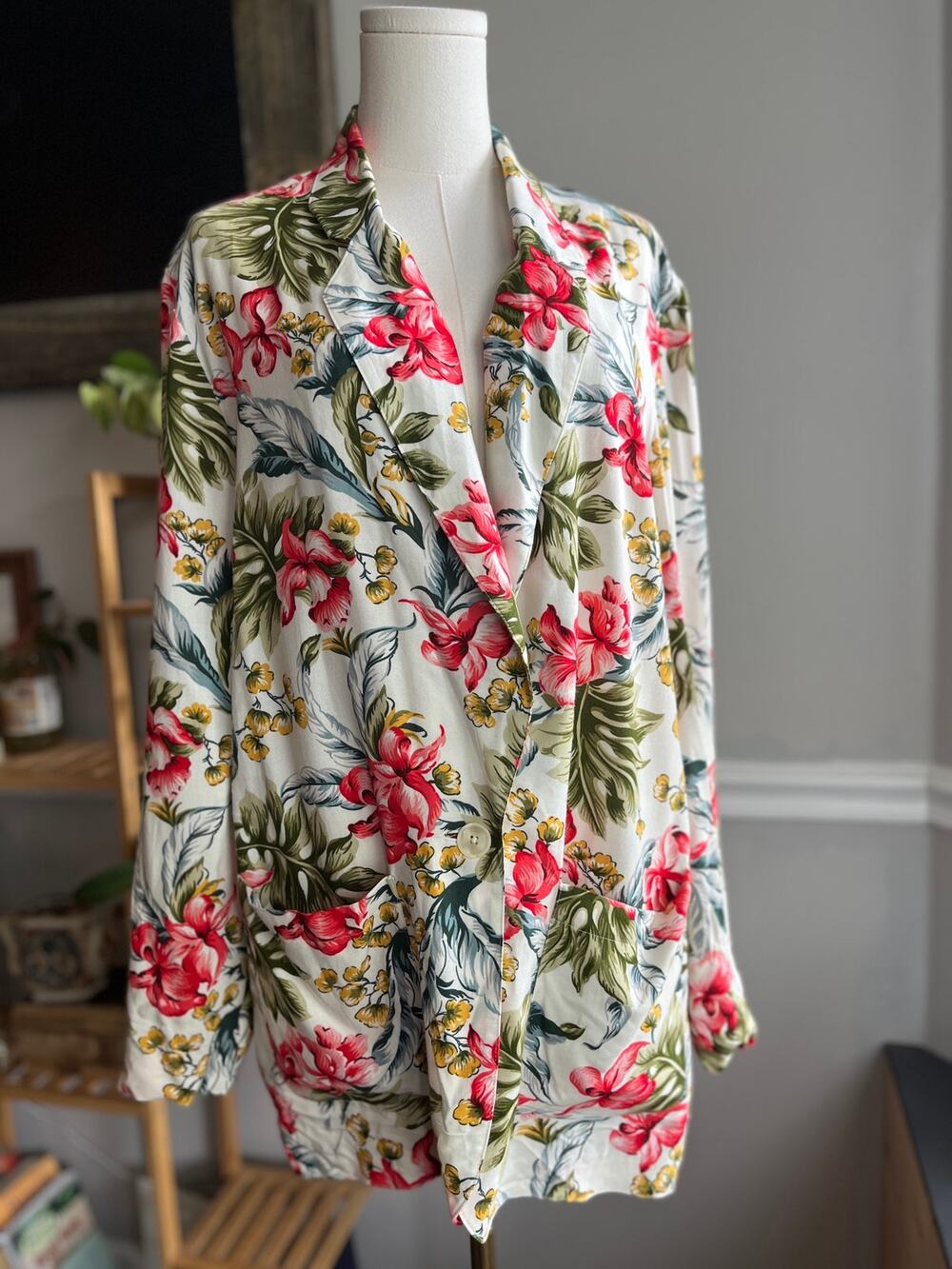 Vintage 80s Floral Blazer Jacket Tropical Rayon Size XL